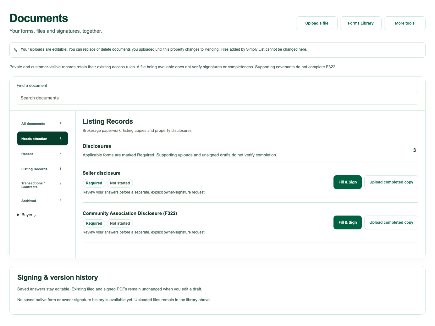 Simply List Documents and disclosures with fictional sample data.