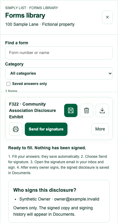 Simply List form preparation and signer review with fictional sample data.