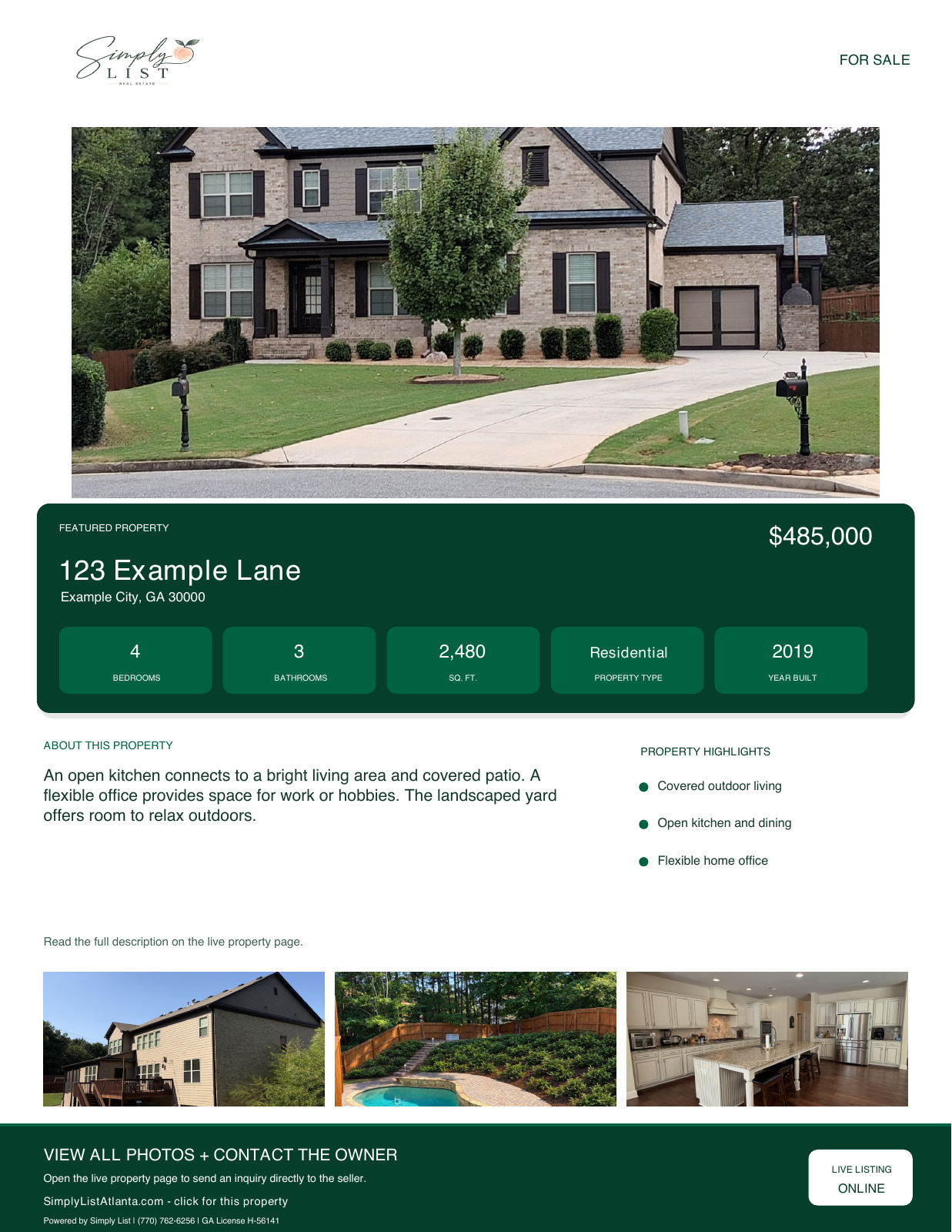 Proposed Simply List property flyer with original logo and illustrative123ExampleLane listing details.