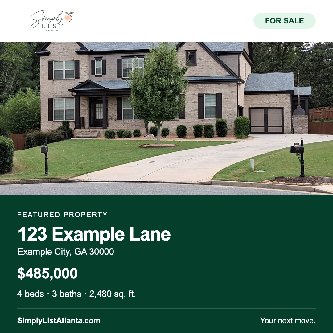 Proposed Simply List social post design with original logo and illustrative123ExampleLane listing details.