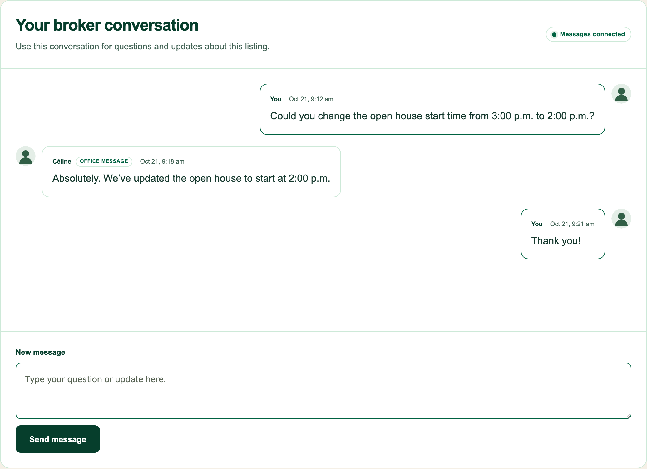 Simply List broker conversation with fictional seller messages and an empty new-message composer.