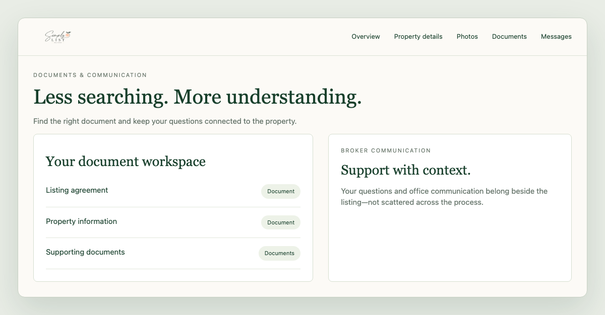Illustrative document and broker communication workspace with no private records