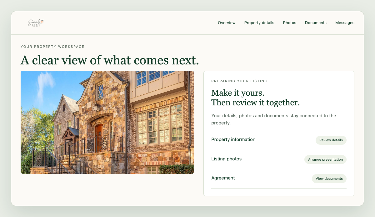 Illustrative property workspace showing property photography and next-step categories