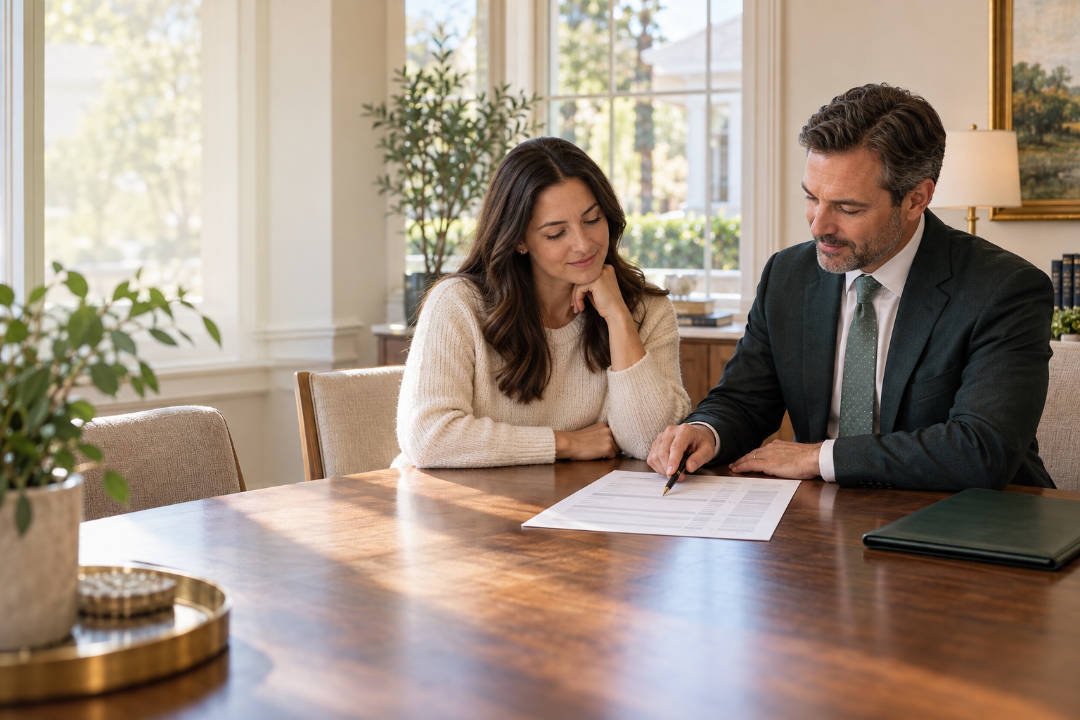 A Georgia homeowner reviewing an itemized closing statement with a closing attorney
