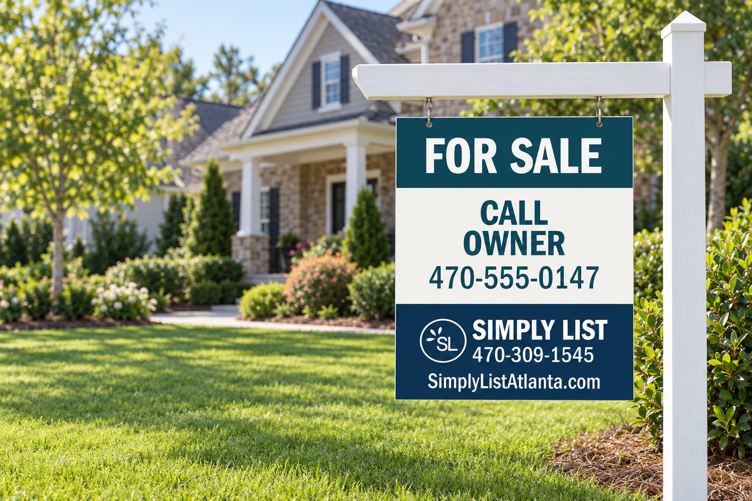 Example Simply List For Sale sign hanging from a white yard post