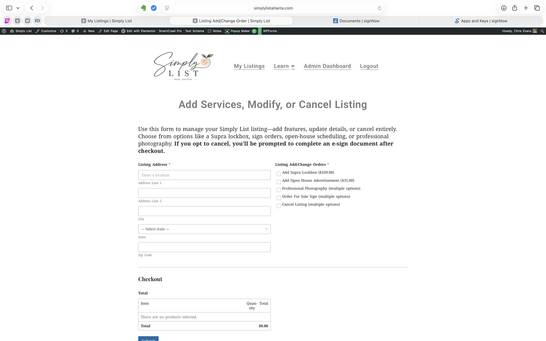 Listing Add Change Order page for services modifications and cancellation