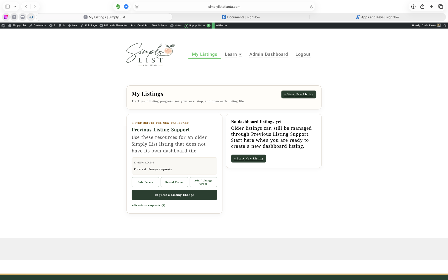 My Listings page showing the Previous Listing Support panel